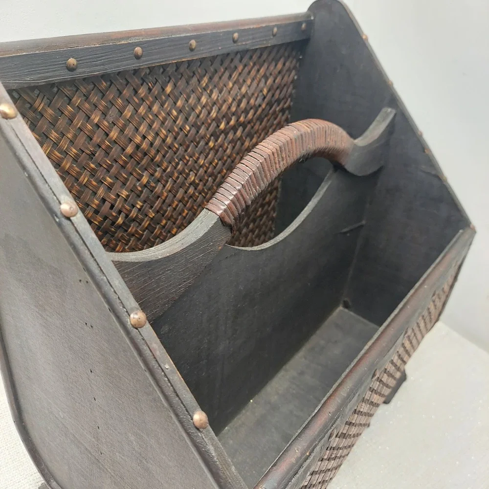 Large Wood Woven Wicker Ratan Magazine Rack Brown Metal Studded Floor Caddy
